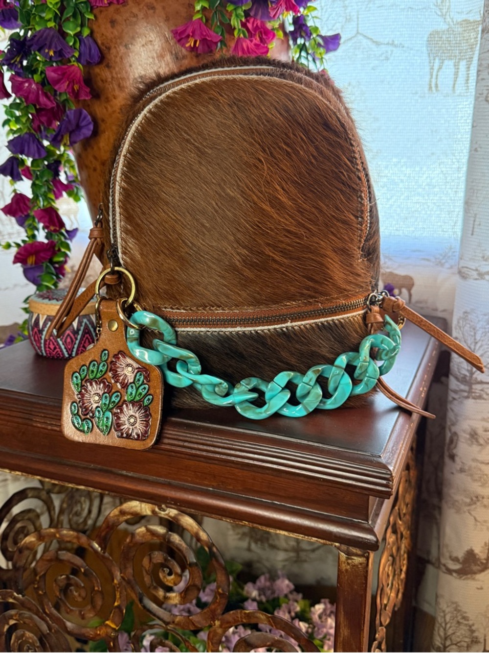 Trinity Ranch Haircalf Mini Backpack with Turquoise Chain Accent